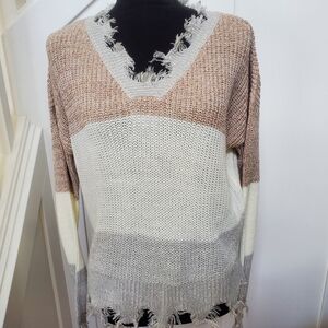 Frayed Hem Colorblock Neutral Striped Sweater V-neck Streetwear Society Large